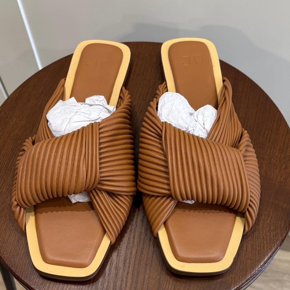 JustFab Tan Pleated Slide Sandals